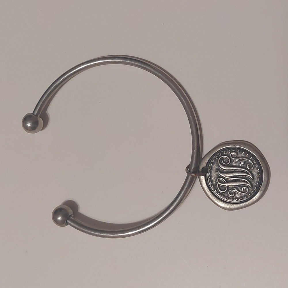 Silver Tone Starter Charm Cuff Bracelet With Pewter Tone Letter W Monogram Charm - Picture 2 of 7